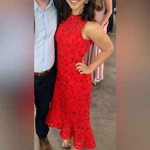 SHOSHANNA Red Lace Overlay Midi Dress